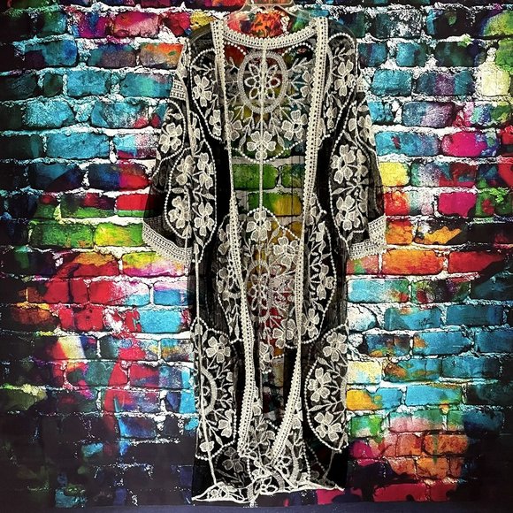 Other - Sheer Black Embroidered Shawl Cape One Size Boho